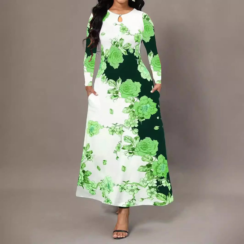 Round Neck Long Sleeve Printed Pocket Waist-controlled Large Hem Dress