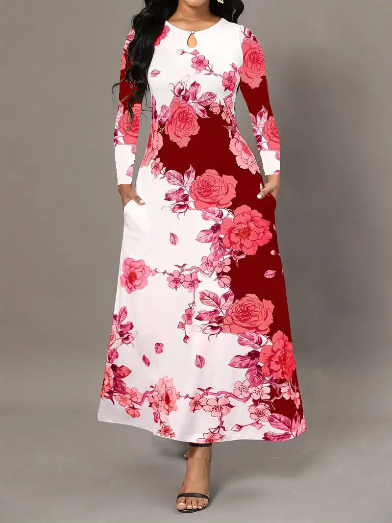 Round Neck Long Sleeve Printed Pocket Waist-controlled Large Hem Dress
