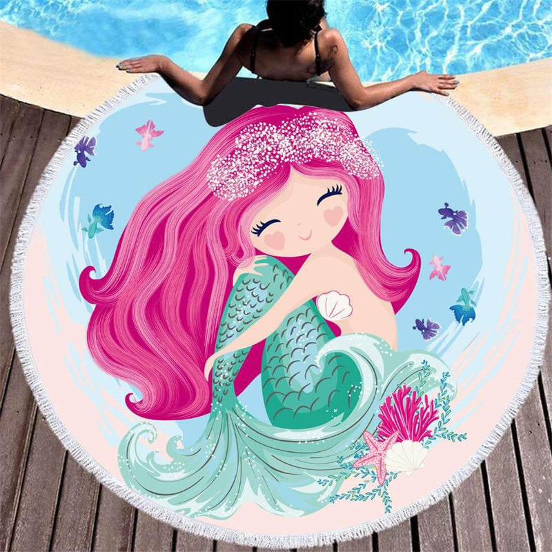 ezy2find Round Beach towel C1 / 150X150cm Cartoon pink mermaid microfiber round beach towel