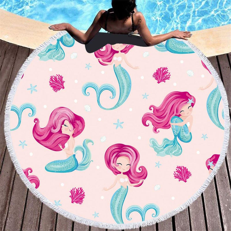 ezy2find Round Beach towel C5 / 150X150cm Cartoon pink mermaid microfiber round beach towel