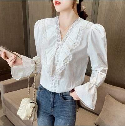 ezy2find Women's Shirts 11 Style / S Bowknot Chiffon Shirt Women'S Lotus Leaf Floral Korean Version Of The Wild Long-Sleeved Lace-Up Shirt