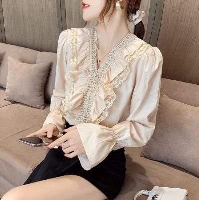 ezy2find Women's Shirts 12 Style / S Bowknot Chiffon Shirt Women'S Lotus Leaf Floral Korean Version Of The Wild Long-Sleeved Lace-Up Shirt