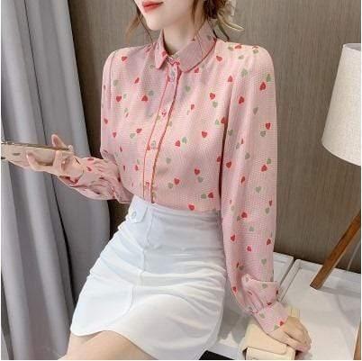 ezy2find Women's Shirts 13 Style / S Bowknot Chiffon Shirt Women'S Lotus Leaf Floral Korean Version Of The Wild Long-Sleeved Lace-Up Shirt