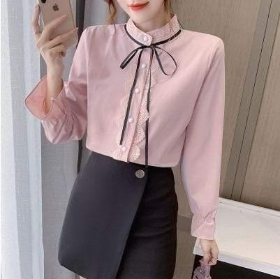 ezy2find Women's Shirts 16 Style / S Bowknot Chiffon Shirt Women'S Lotus Leaf Floral Korean Version Of The Wild Long-Sleeved Lace-Up Shirt