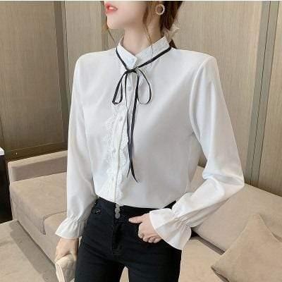ezy2find Women's Shirts 17 Style / S Bowknot Chiffon Shirt Women'S Lotus Leaf Floral Korean Version Of The Wild Long-Sleeved Lace-Up Shirt