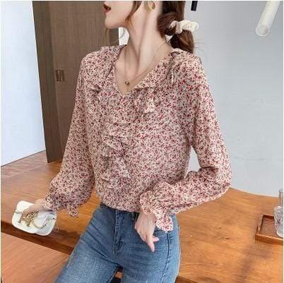ezy2find Women's Shirts 19style / S Bowknot Chiffon Shirt Women'S Lotus Leaf Floral Korean Version Of The Wild Long-Sleeved Lace-Up Shirt
