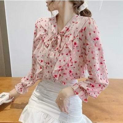 ezy2find Women's Shirts 2 Style / S Bowknot Chiffon Shirt Women'S Lotus Leaf Floral Korean Version Of The Wild Long-Sleeved Lace-Up Shirt