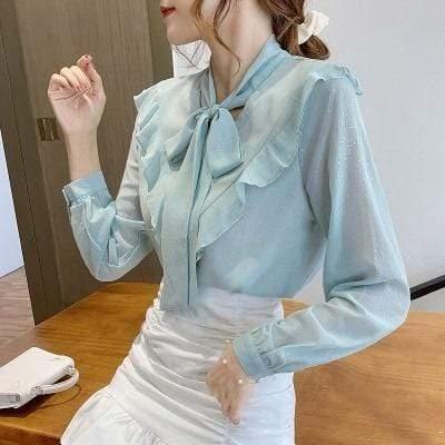 ezy2find Women's Shirts 4 Style / S Bowknot Chiffon Shirt Women'S Lotus Leaf Floral Korean Version Of The Wild Long-Sleeved Lace-Up Shirt