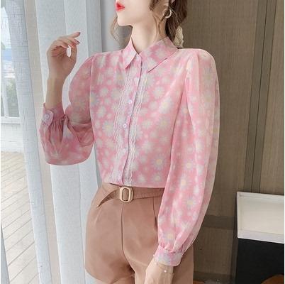 ezy2find Women's Shirts 7 Style / S Bowknot Chiffon Shirt Women'S Lotus Leaf Floral Korean Version Of The Wild Long-Sleeved Lace-Up Shirt