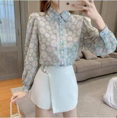 ezy2find Women's Shirts 8 Style / S Bowknot Chiffon Shirt Women'S Lotus Leaf Floral Korean Version Of The Wild Long-Sleeved Lace-Up Shirt