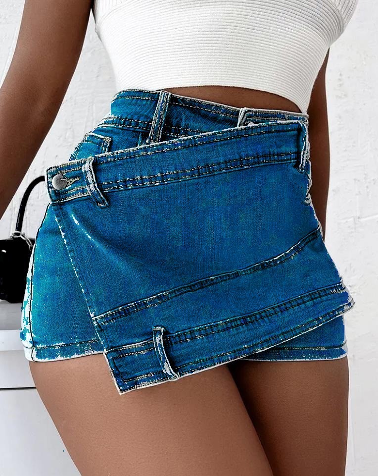 Y2K Street Vintage Denim Shorts Stretch Overlap Waist Wrap Solid Asymmetrical Hem A-Line Skinny Mini Skorts Skirt
