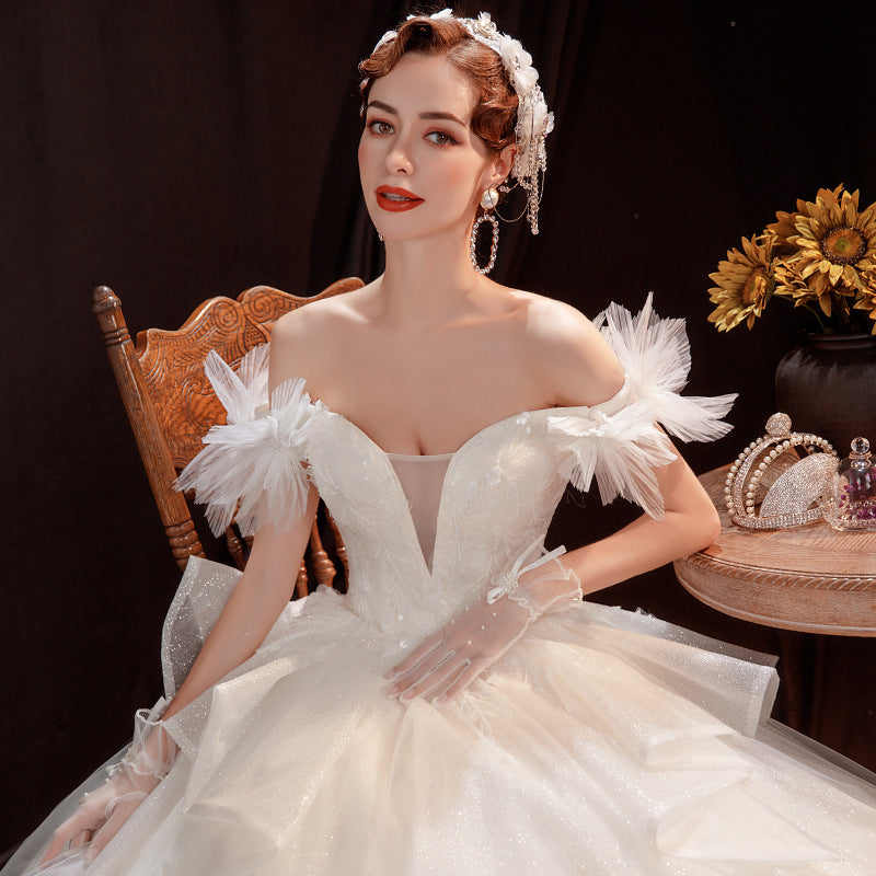 Angel\'s wedding dress court fashion French bride champagne petals one shoulder wedding dress wholesale 16016