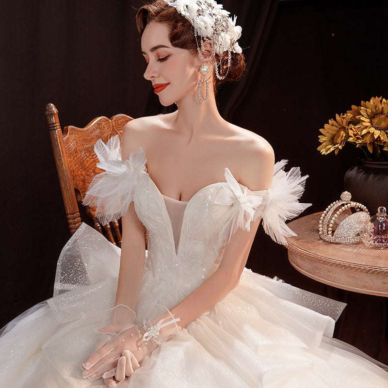Angel\'s wedding dress court fashion French bride champagne petals one shoulder wedding dress wholesale 16016
