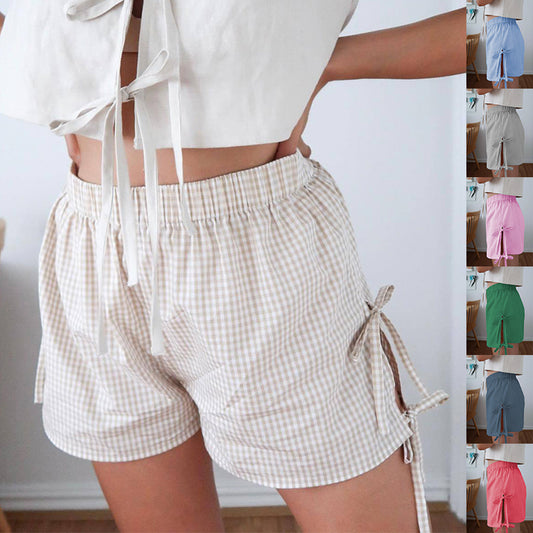 Loose Plaid Print Shorts With Lace-up Design Summer Fashion Y2K Elastic Band Pants For Women