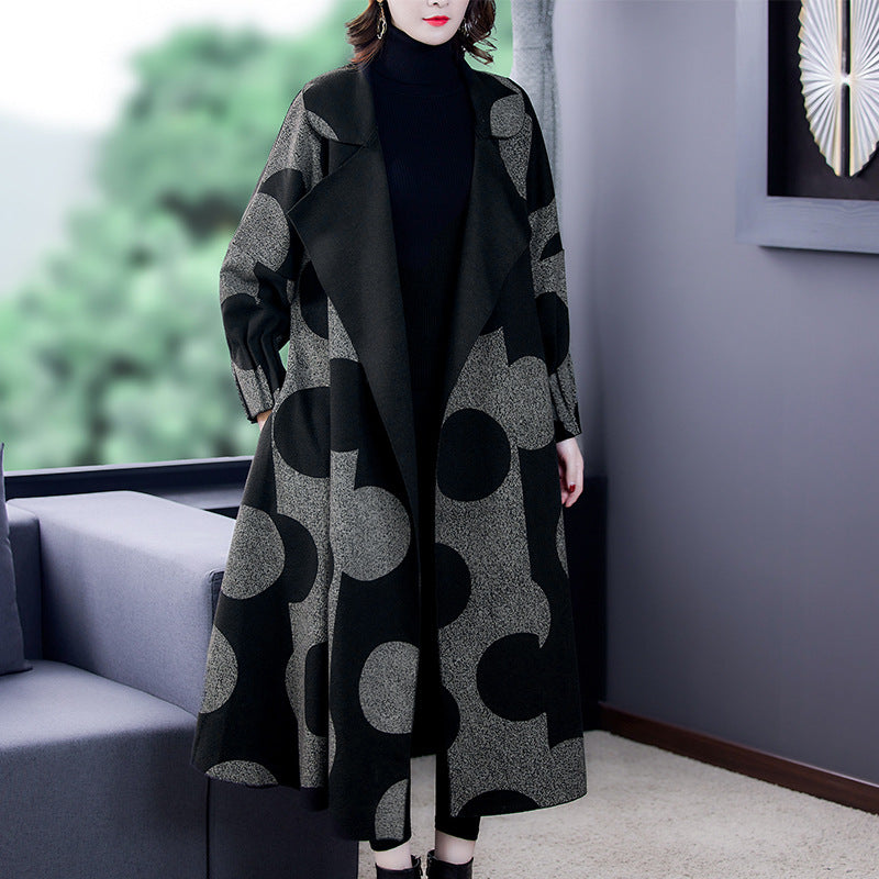 Loose Slimming Mid-length Large Lapel Polka Dot Coat For Women