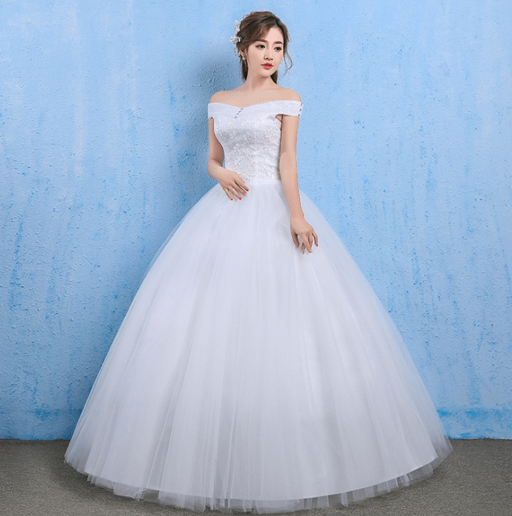 Wedding dress 2021 new bride married Korean style Qi thin one word shoulder wedding tail shoulder spring and summer models