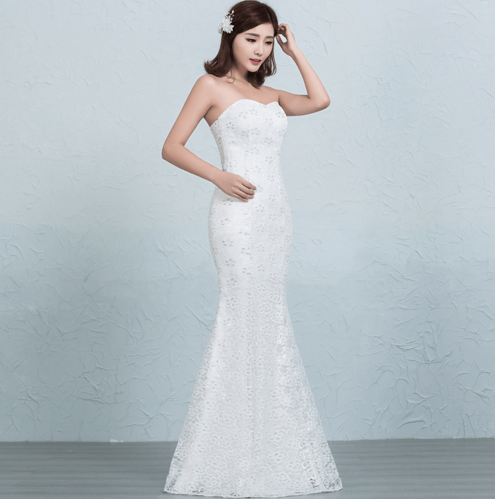 Sequined lace waist fishtail wedding dress