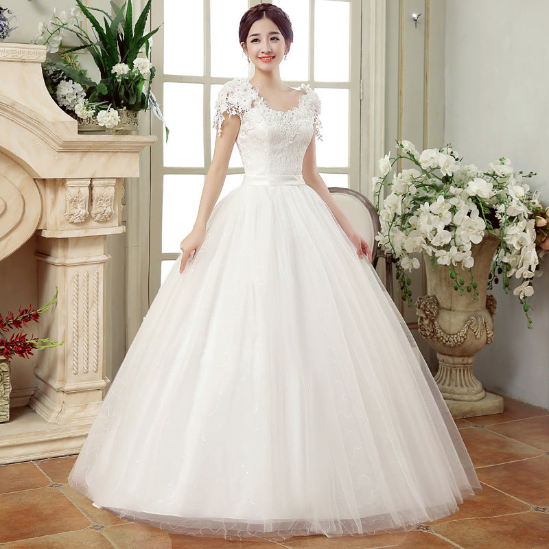 2021 spring new bride married gauze dress, slim thin shoulders, the Korean lace flower word shoulder woman