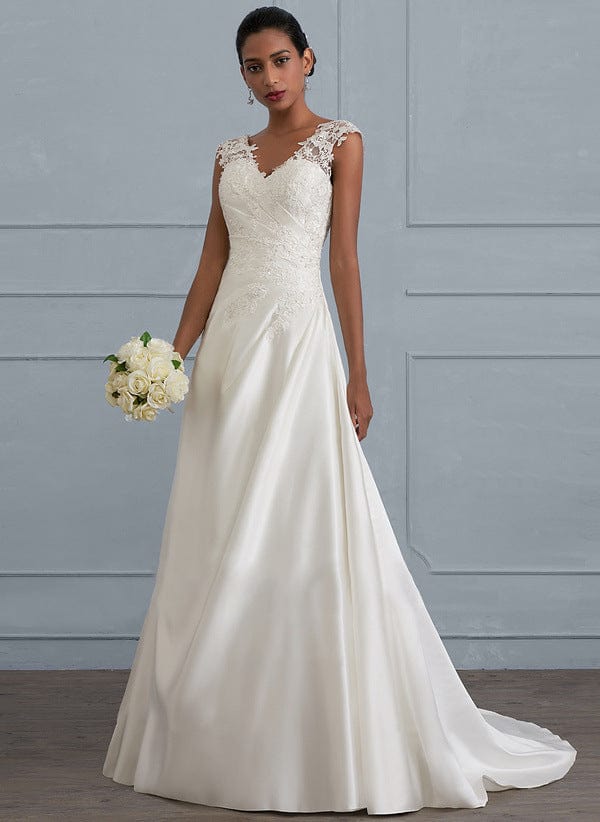One-shoulder V-neck fishtail lace trailing wedding dress