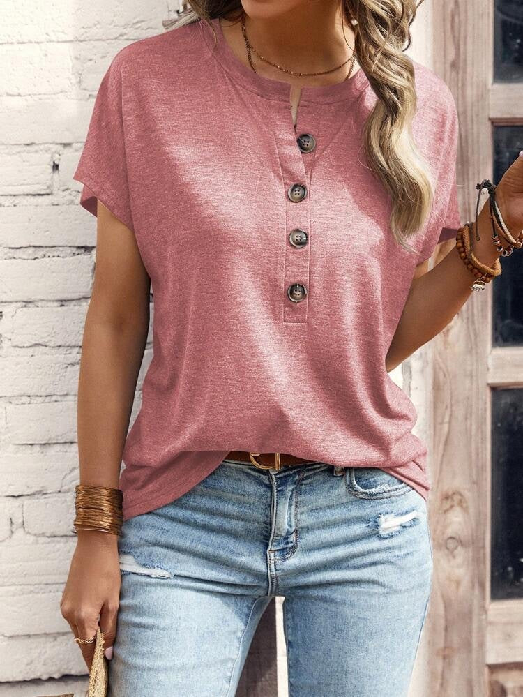 Top Solid Color Button Fashion Short Sleeve T-shirt Women