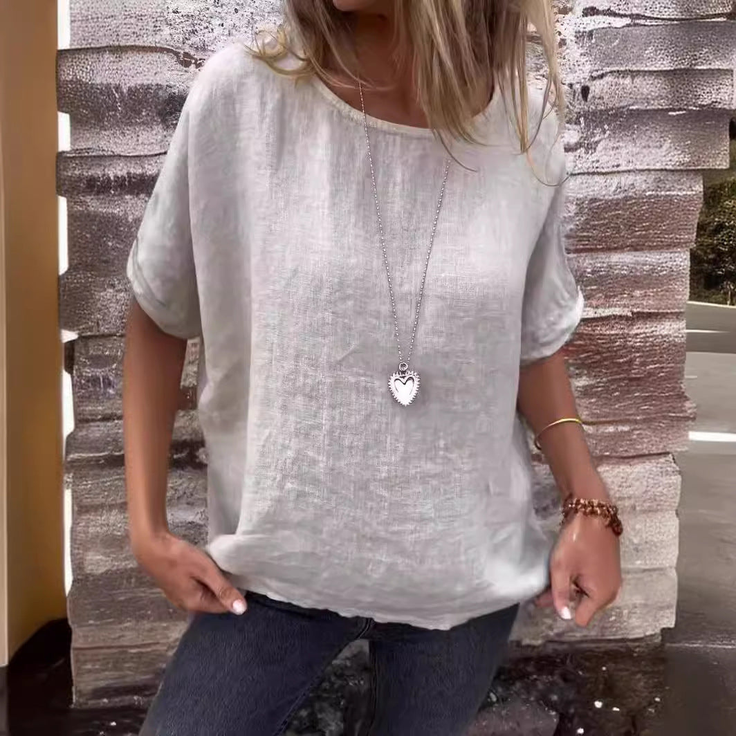 Women's Round Neck Long Sleeve Cotton And Linen Loose-fitting T-shirt Top