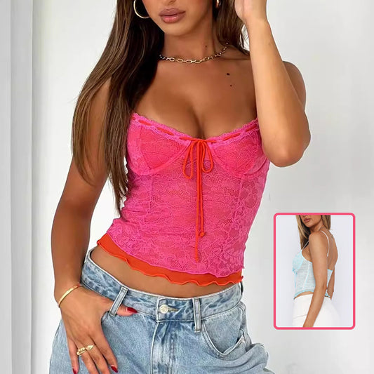 Sexy Lace Camisole Summer Slim Gauze Backless Vest Fashion Lace-up Top Womens Clothing