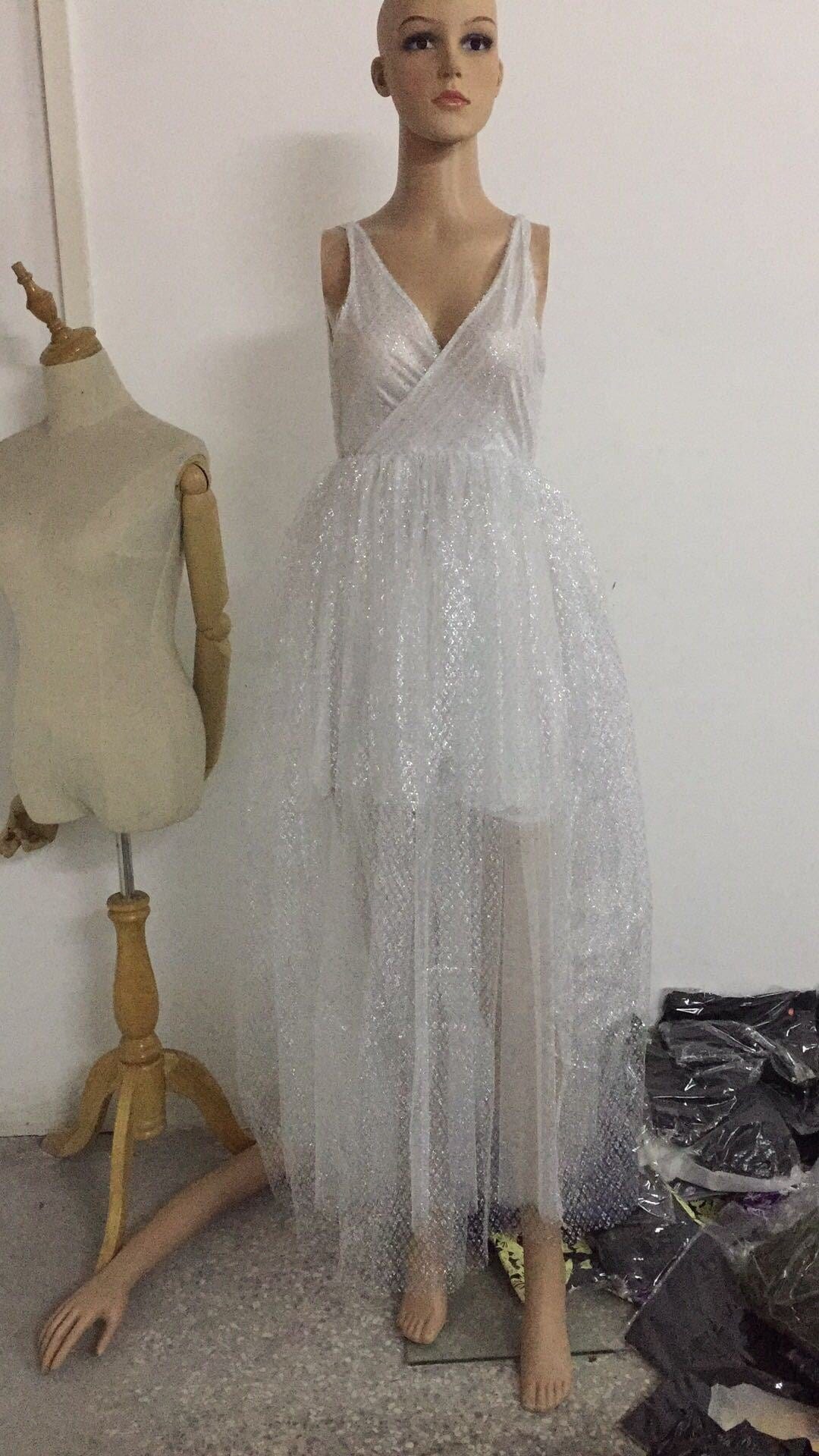 V-neck halter pure white wedding evening dress