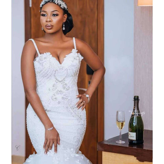 Lace sleeveless big tail style African bridal wedding dress