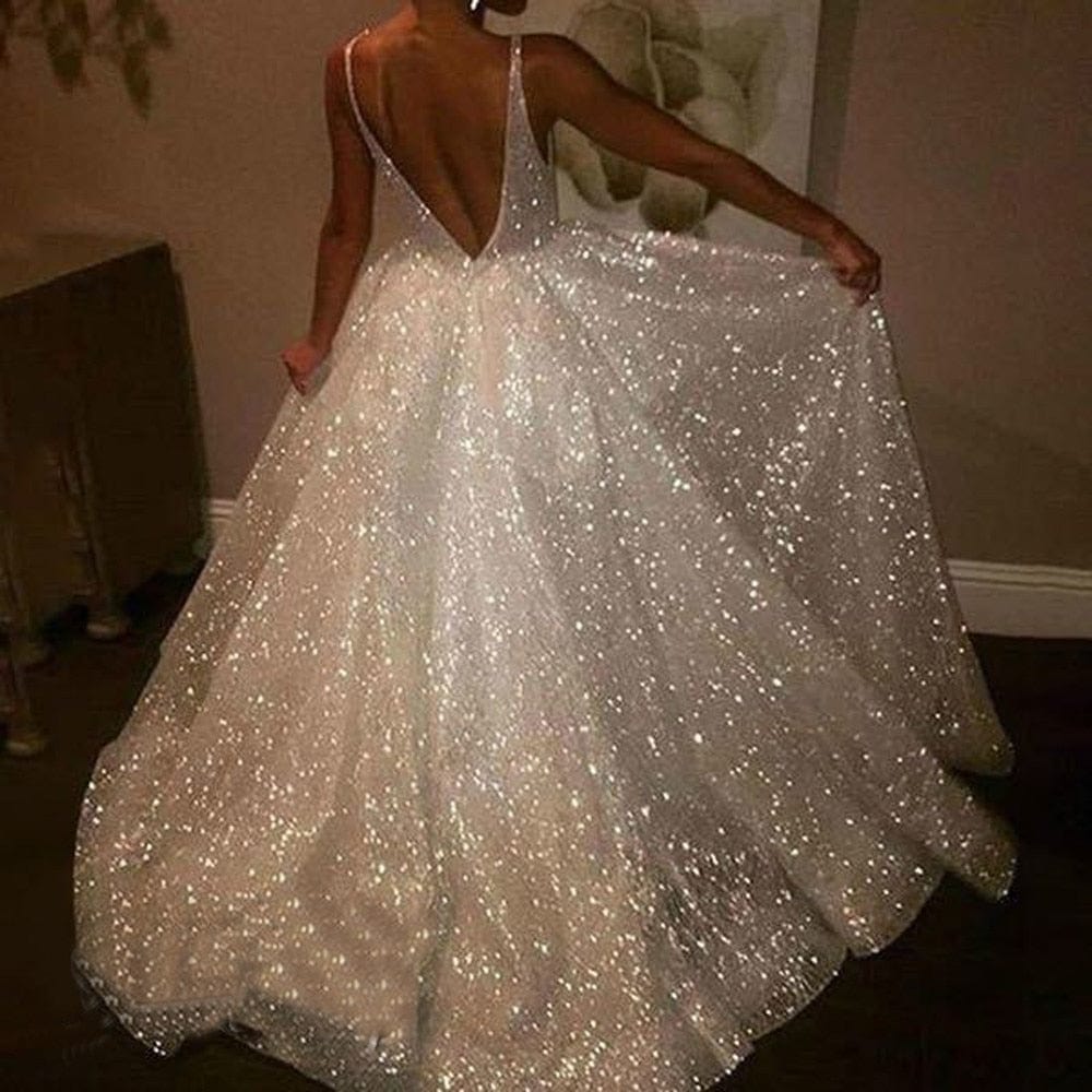 V-neck halter pure white wedding evening dress