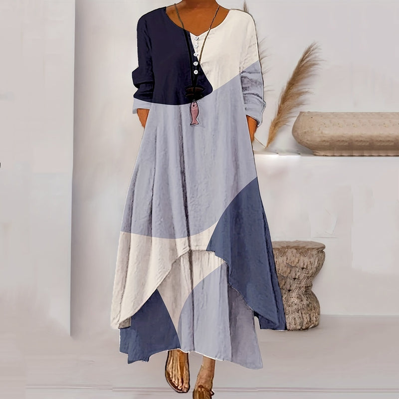 Women's Printed Long Sleeve Hem Irregular Dress