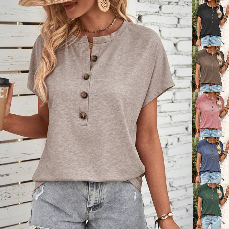 Top Solid Color Button Fashion Short Sleeve T-shirt Women