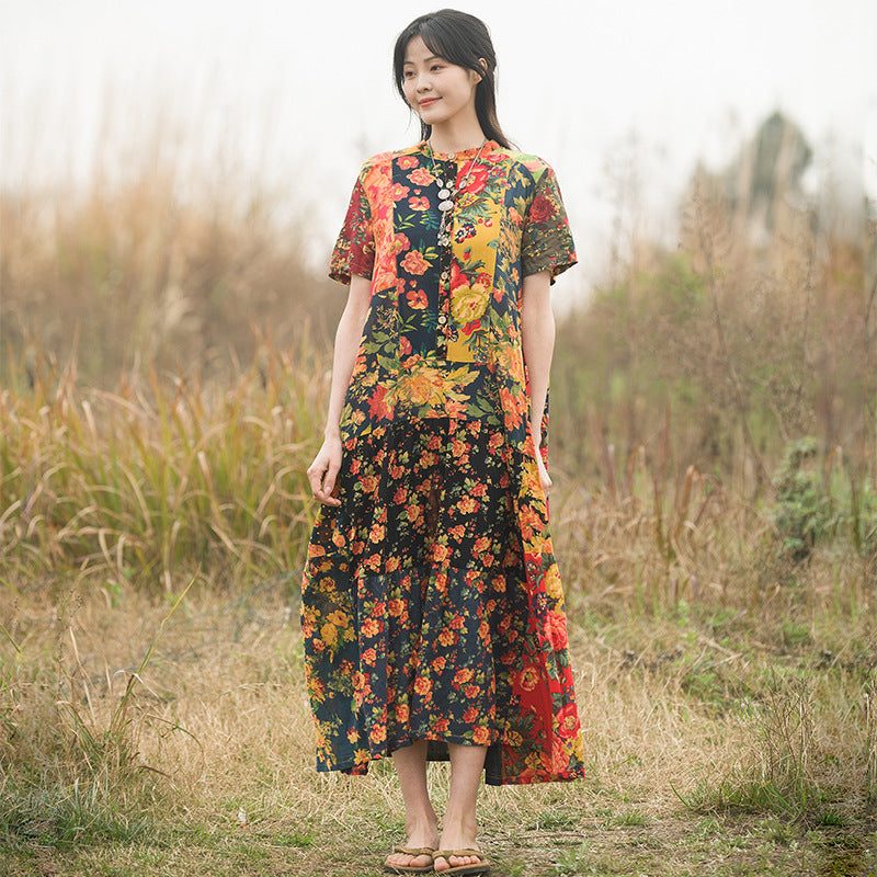 Summer Cotton Printed Ethnic Style Color Contrast Patchwork Pastoral Short Sleeve Dress