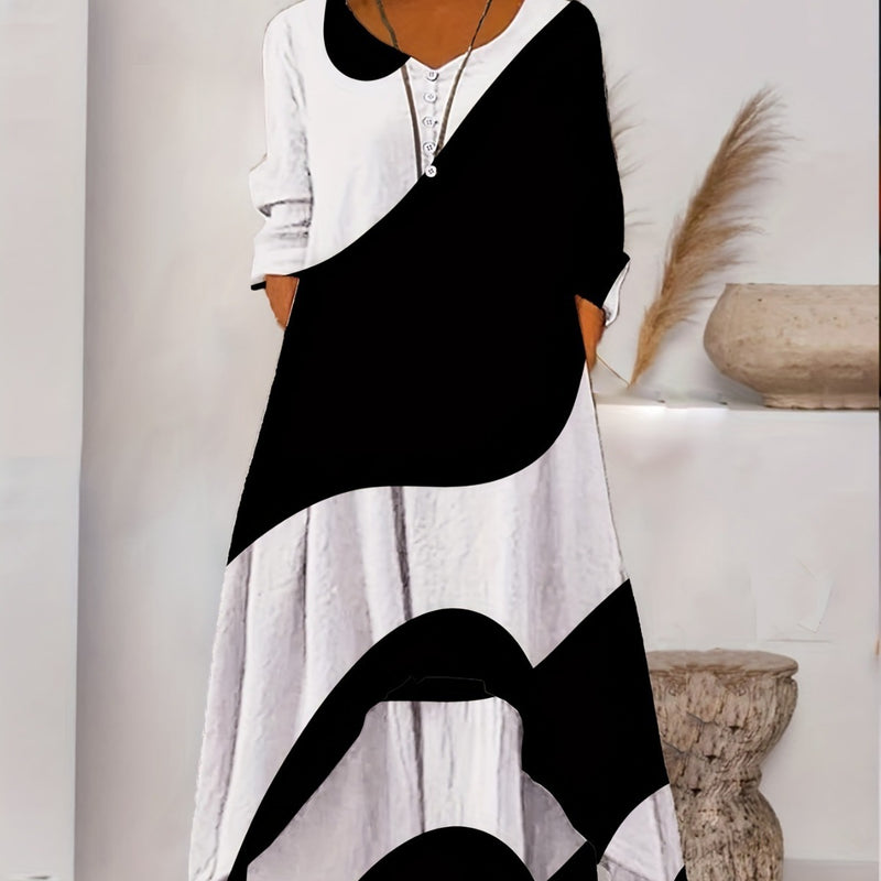 Women's Printed Long Sleeve Hem Irregular Dress