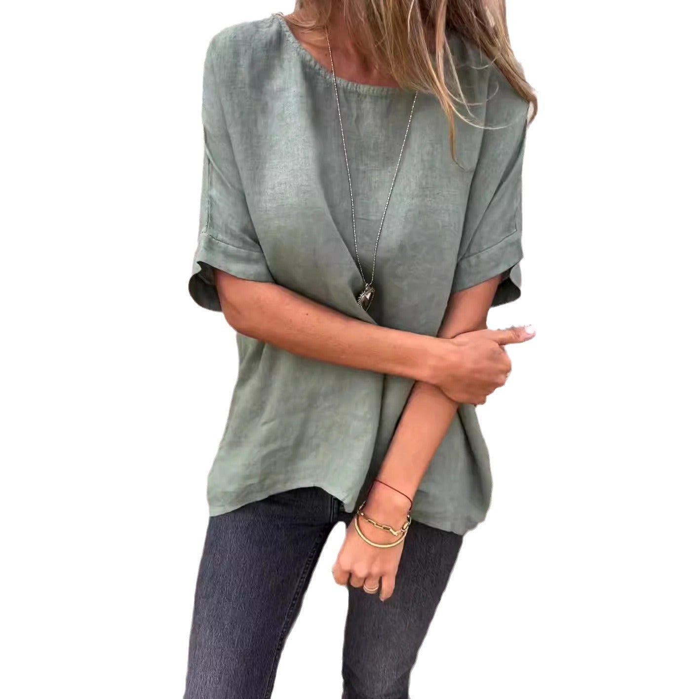 Women's Round Neck Long Sleeve Cotton And Linen Loose-fitting T-shirt Top