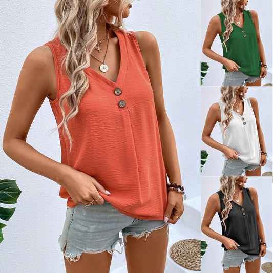 Summer V-neck Vest Top Fashion Button Sleeveless T-Shirt Loose Casual Women's Clothing