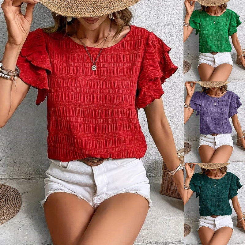 Summer Ruffled Short-sleeved T-shirt Casual Round Neck Pleated Design Top For Women Clothing