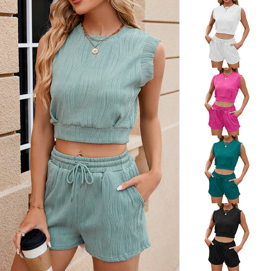 Solid Color Wave Pattern Design Suit For Women Casual Round Neck Sleeveless Top And Drawstring Design Shorts Fashion 2-piece Set Summer Clothing