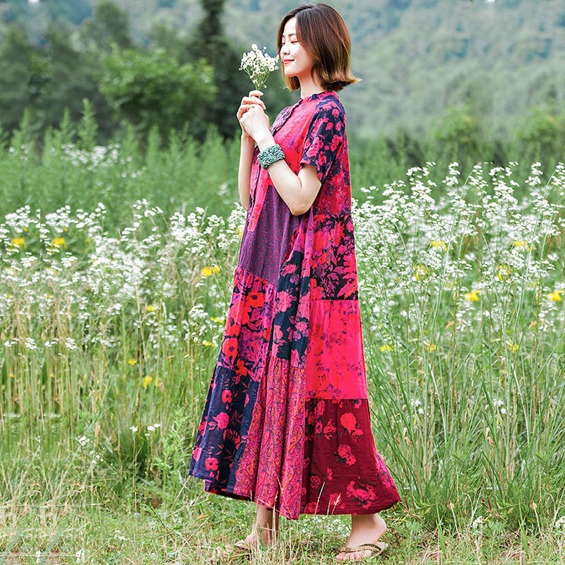 Summer Cotton Printed Ethnic Style Color Contrast Patchwork Pastoral Short Sleeve Dress