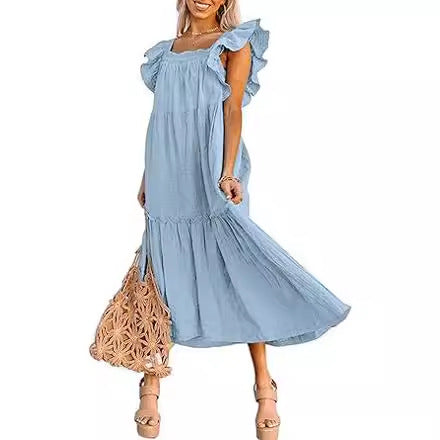 Women's Square Collar Off-the-shoulder Pleated Dress