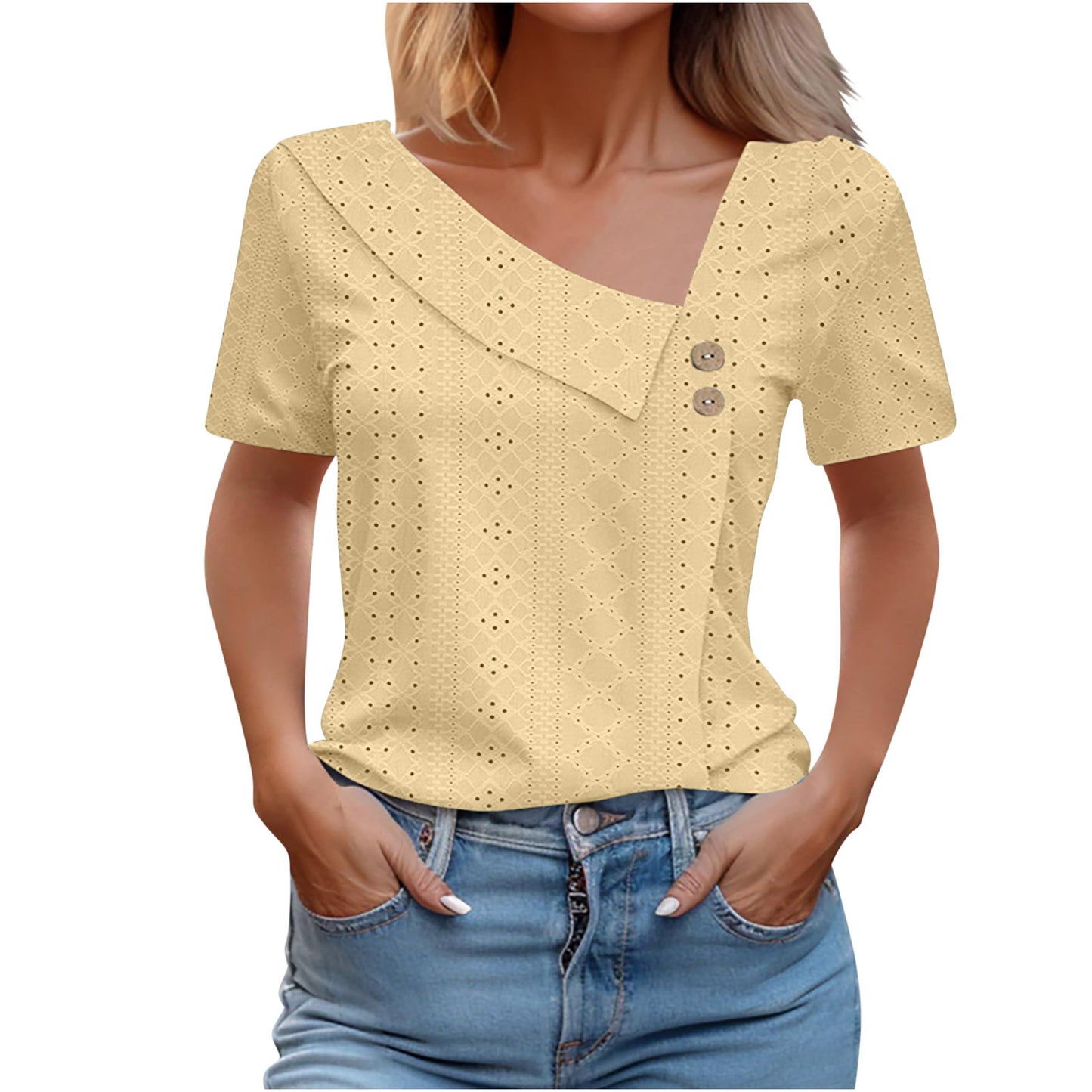 Summer V-neck Button Solid Color Loose Women's Short Sleeved T-shirts
