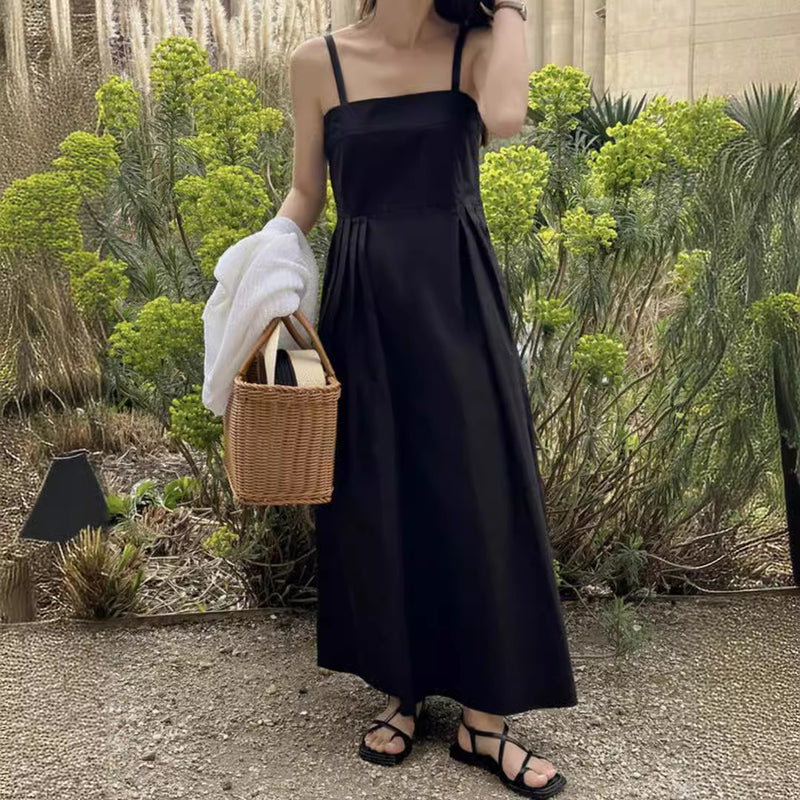 Korean Style Solid Color Small Sling Long Dress Waist Slimming