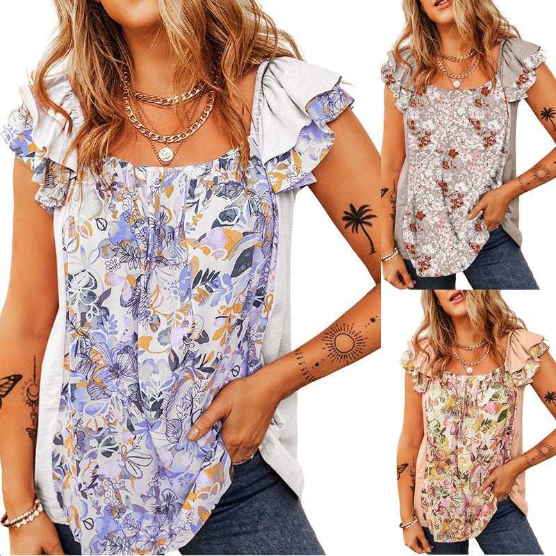 Square Collar Fashion Floral Flounce Sleeveless Top