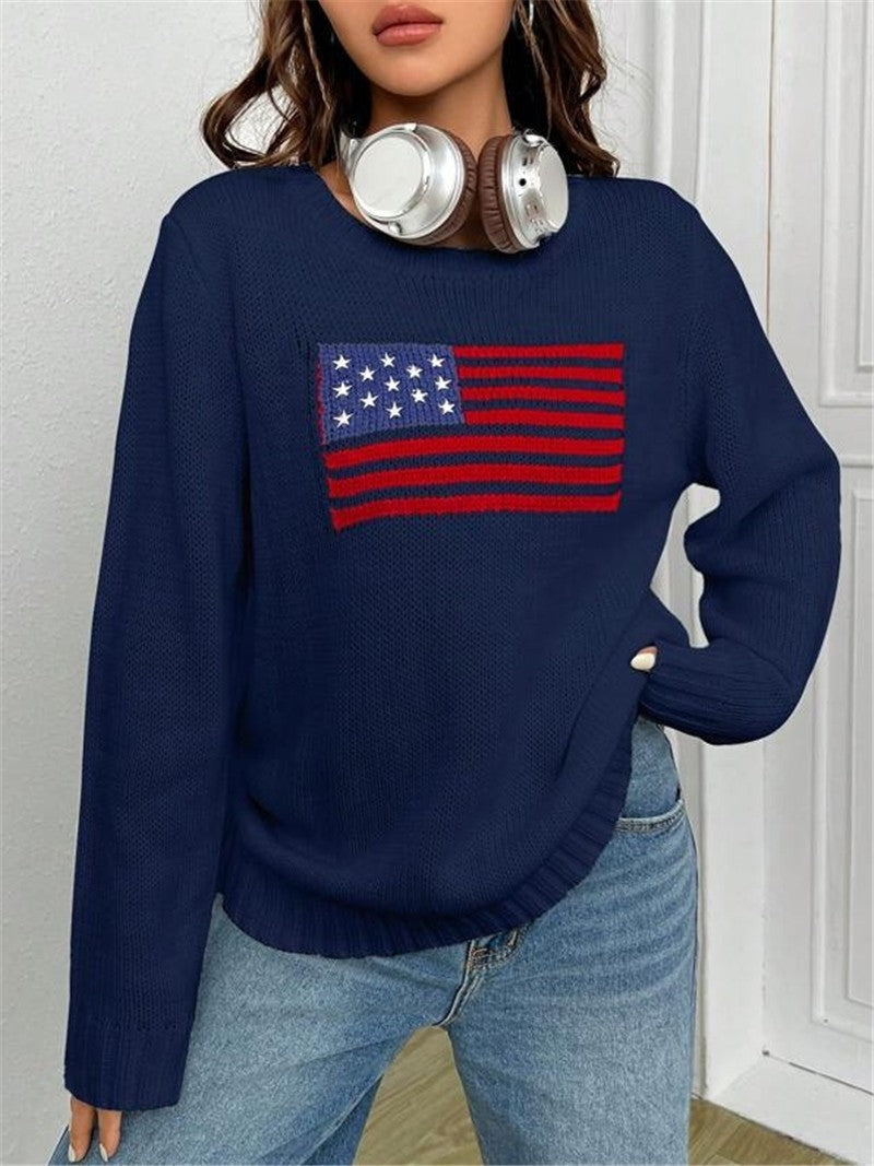 Women's Loose Round Neck Flag Sweater
