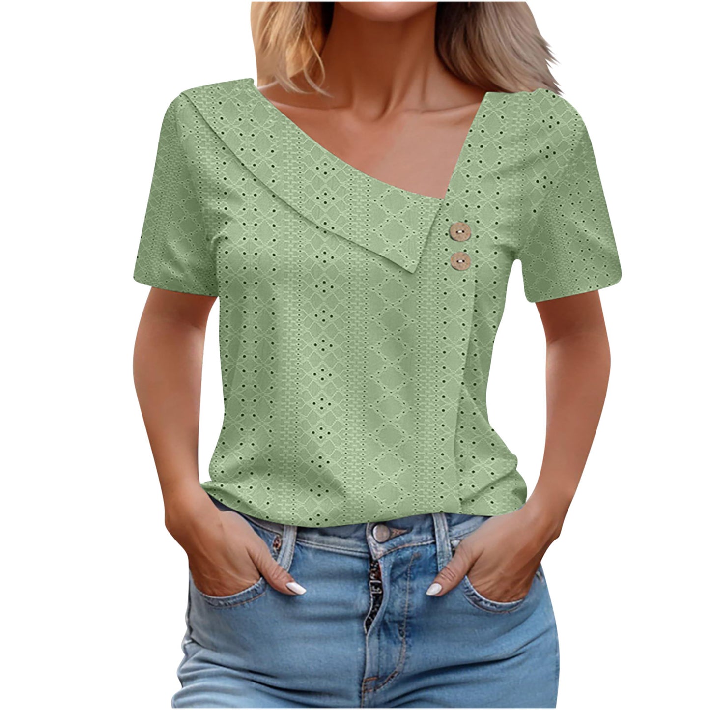 Summer V-neck Button Solid Color Loose Women's Short Sleeved T-shirts