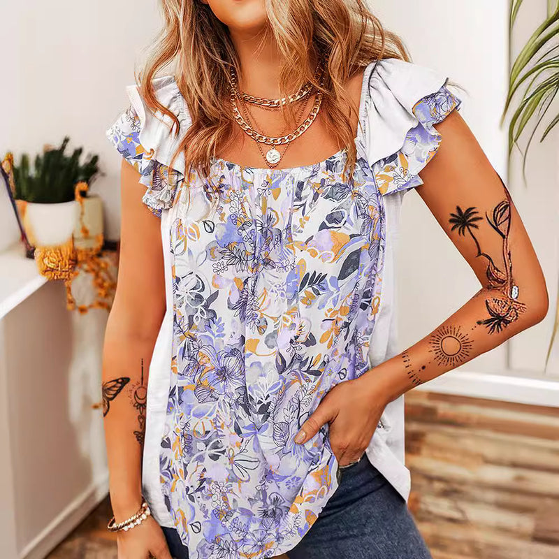 Square Collar Fashion Floral Flounce Sleeveless Top