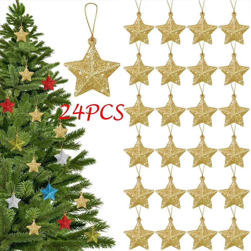Gold Glitter Star Ornaments Christmas Tree Hanging Pendant 2024 Christmas Decorations for Home Navidad New Year Party DIY Gift