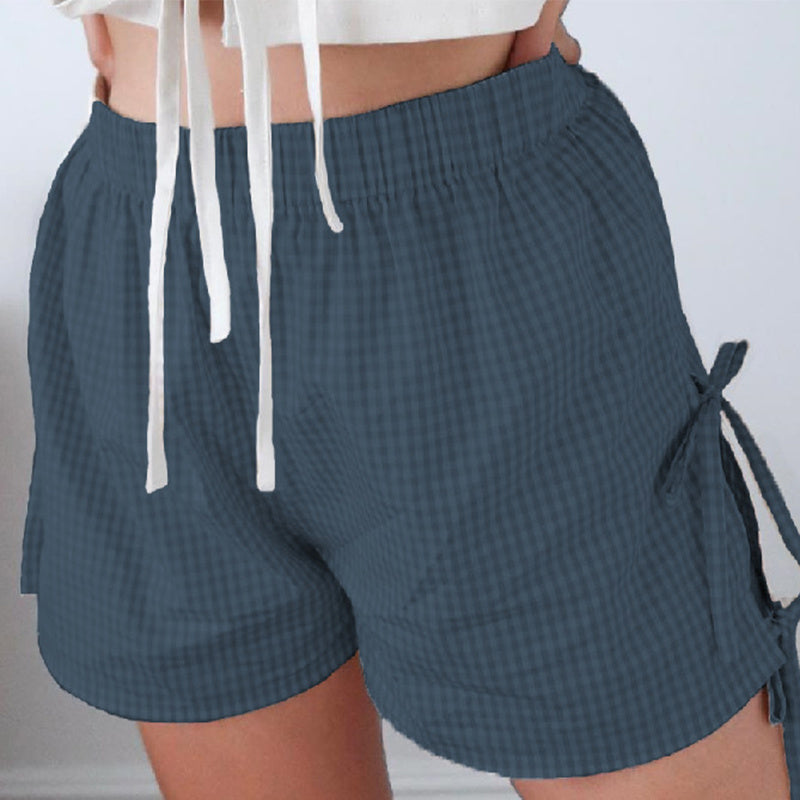 Loose Plaid Print Shorts With Lace-up Design Summer Fashion Y2K Elastic Band Pants For Women