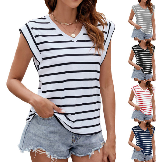 Fashion Stripe Print V-neck Short-sleeved T-Shirt Summer Loose Top Womens Clothing