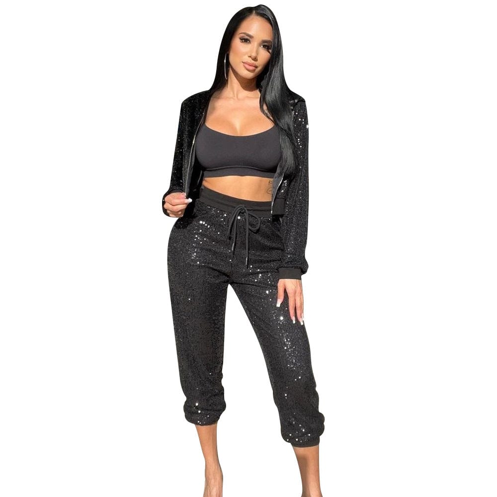 eszy2find dress sets OS6606 Black / S Women's Nightclub Casual Sequin Pants Cropped Pants