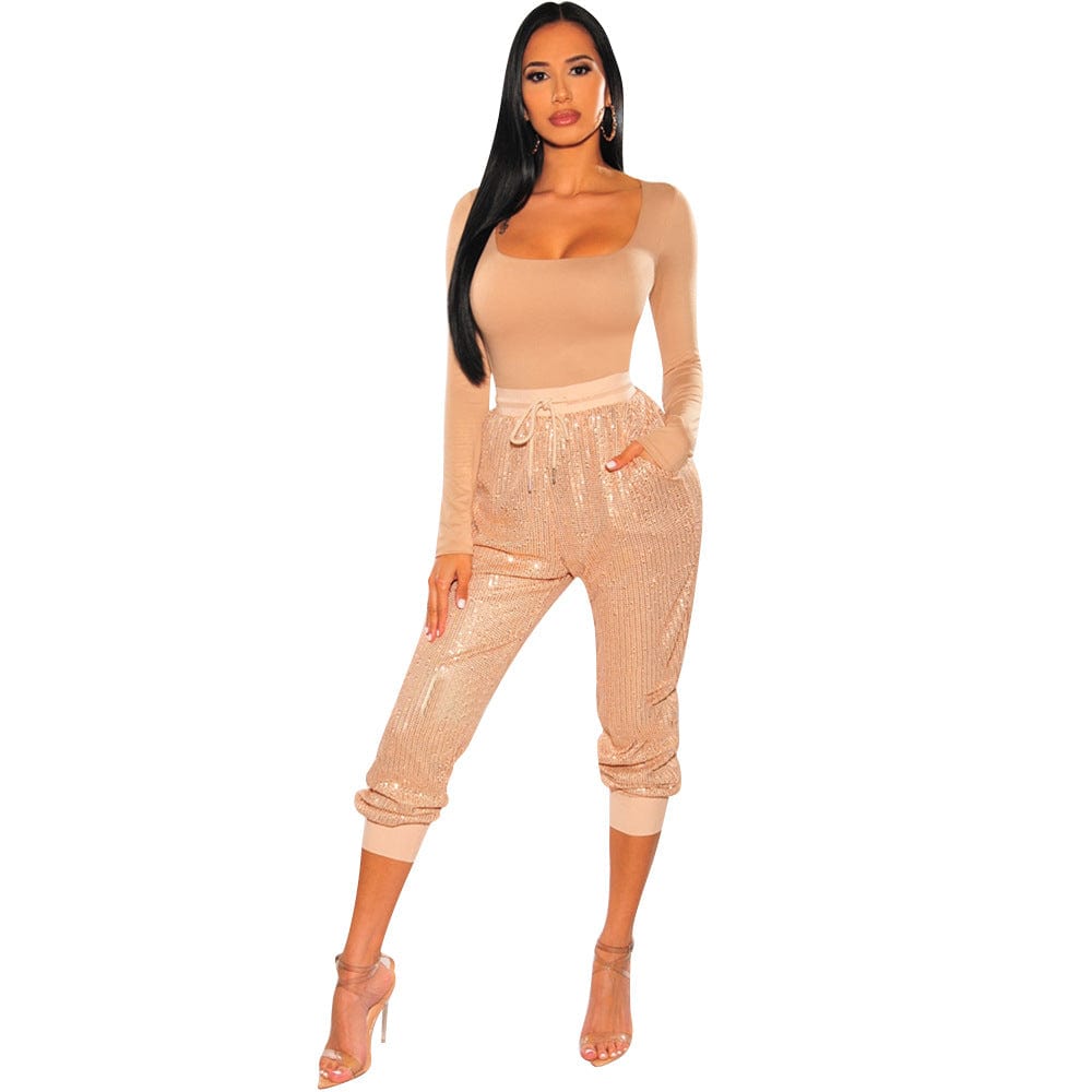 eszy2find dress sets OS6606 Champagne / S Women's Nightclub Casual Sequin Pants Cropped Pants